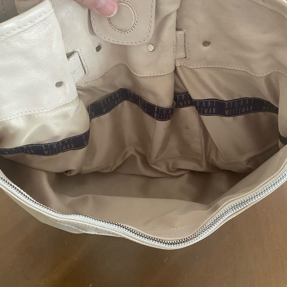 Stuart Weitzman Woven Fabric Leather Hobo Bag Cream Tan Sky Blue Tote Bag Charm - Picture 9 of 12